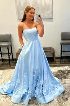 Light Blue Strapless Satin Prom Dress with Appliques
