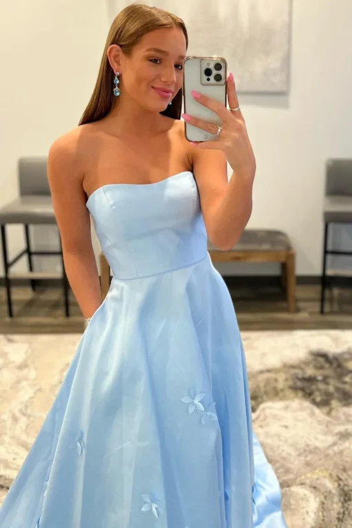 Light Blue Strapless Satin Prom Dress with Appliques