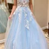 Light Blue Tulle A Line Princess Prom Dress with Appliques