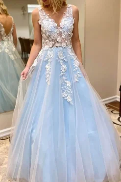 Light Blue Tulle A Line Princess Prom Dress with Appliques