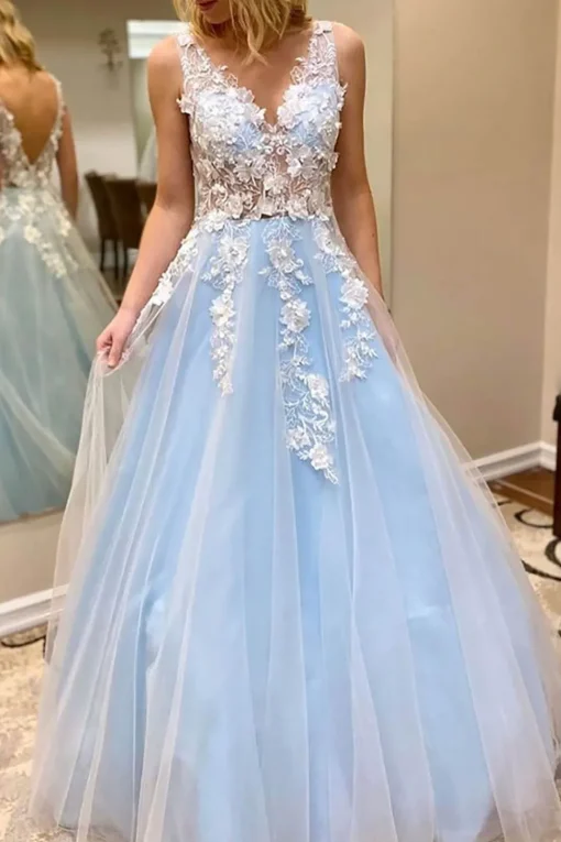 Light Blue Tulle A Line Princess Prom Dress with Appliques