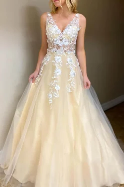 Light Blue Tulle A Line Princess Prom Dress with Appliques