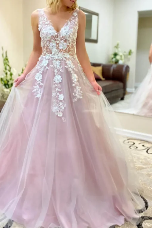 Light Blue Tulle A Line Princess Prom Dress with Appliques