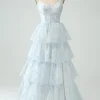 Light Blue Tulle Corset Tiered Prom Dress with Slit