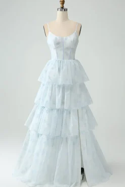Light Blue Tulle Corset Tiered Prom Dress with Slit