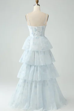 Light Blue Tulle Corset Tiered Prom Dress with Slit