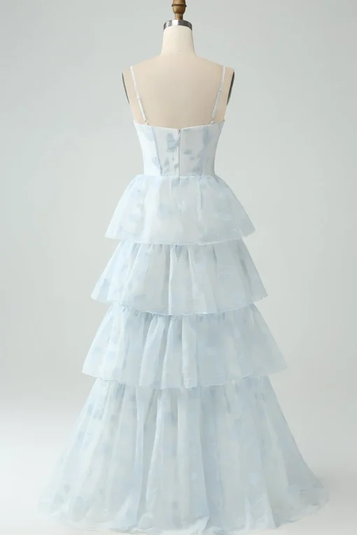 Light Blue Tulle Corset Tiered Prom Dress with Slit