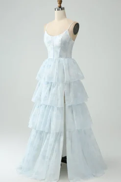 Light Blue Tulle Corset Tiered Prom Dress with Slit