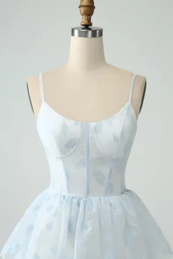 Light Blue Tulle Corset Tiered Prom Dress with Slit