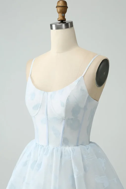 Light Blue Tulle Corset Tiered Prom Dress with Slit