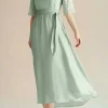 Light Green Chiffon Boat Neck A Line 3/4 Sleeves Calf Length Mother Dress