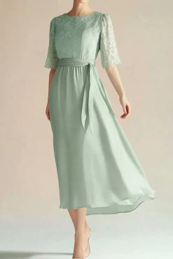 Light Green Chiffon Boat Neck A Line 3/4 Sleeves Calf Length Mother Dress
