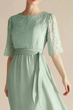 Light Green Chiffon Boat Neck A Line 3/4 Sleeves Calf Length Mother Dress