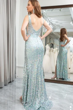 Light Green Mermaid V Neck Sequin Long Prom Dress with Slit