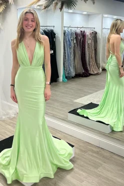 Light Green Mermaid V-Neck Satin Simple Prom Dress