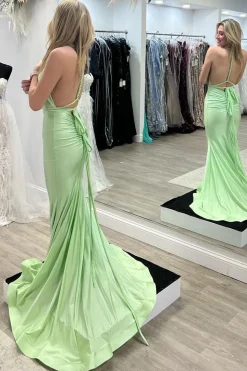 Light Green Mermaid V-Neck Satin Simple Prom Dress