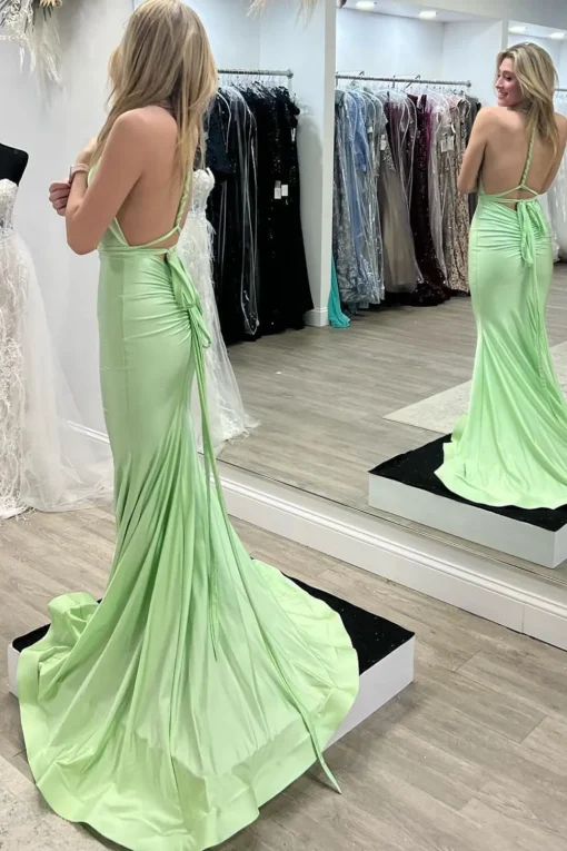 Light Green Mermaid V-Neck Satin Simple Prom Dress