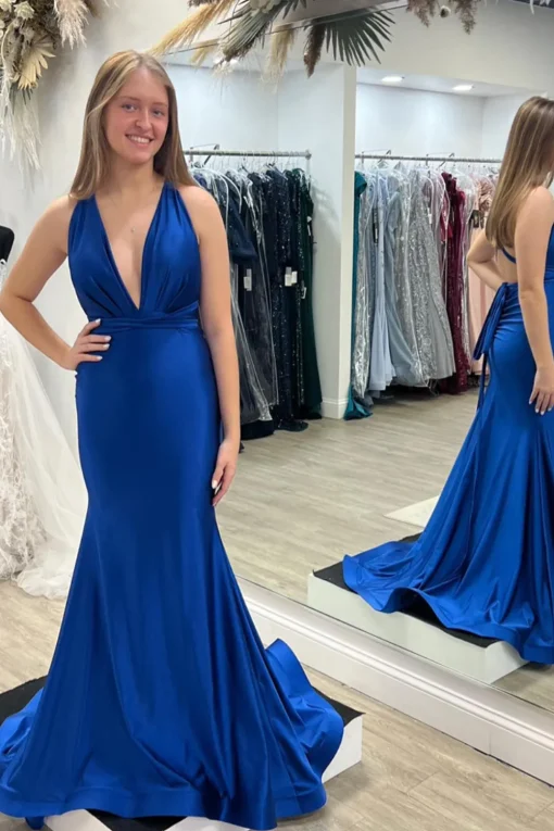 Light Green Mermaid V-Neck Satin Simple Prom Dress