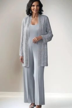 Light Grey 2 Piece Lace Mother of Bride Pant Suits