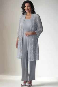 Light Grey 2 Piece Lace Mother of Bride Pant Suits