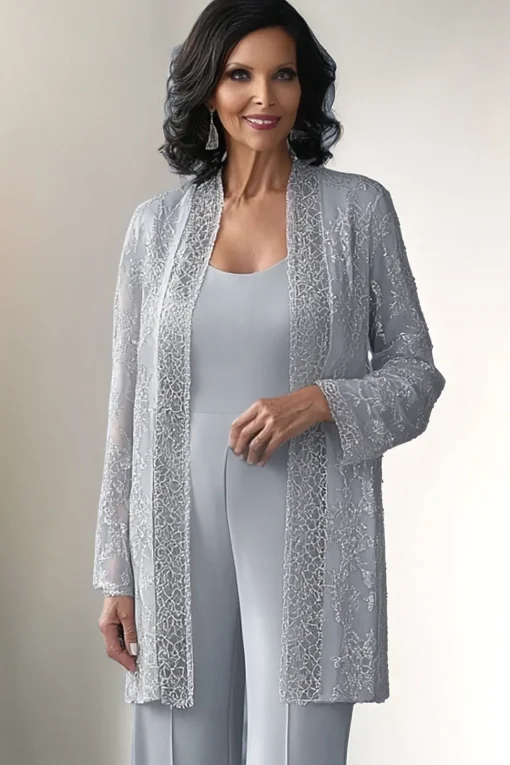 Light Grey 2 Piece Lace Mother of Bride Pant Suits