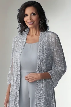 Light Grey 2 Piece Lace Mother of Bride Pant Suits
