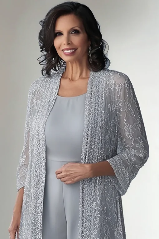 Light Grey 2 Piece Lace Mother of Bride Pant Suits
