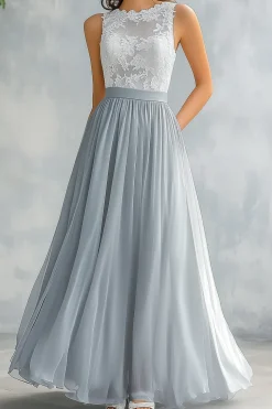 Light Grey A Line Lace Chiffon Long Bridesmaid Dress