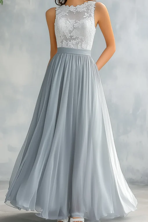 Light Grey A Line Lace Chiffon Long Bridesmaid Dress