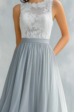 Light Grey A Line Lace Chiffon Long Bridesmaid Dress