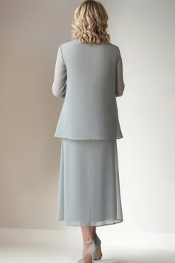 Light Grey Sheath Round Neck 2 Piece Mother of The Bride Dress