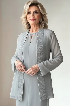 Light Grey Sheath Round Neck 2 Piece Mother of The Bride Dress