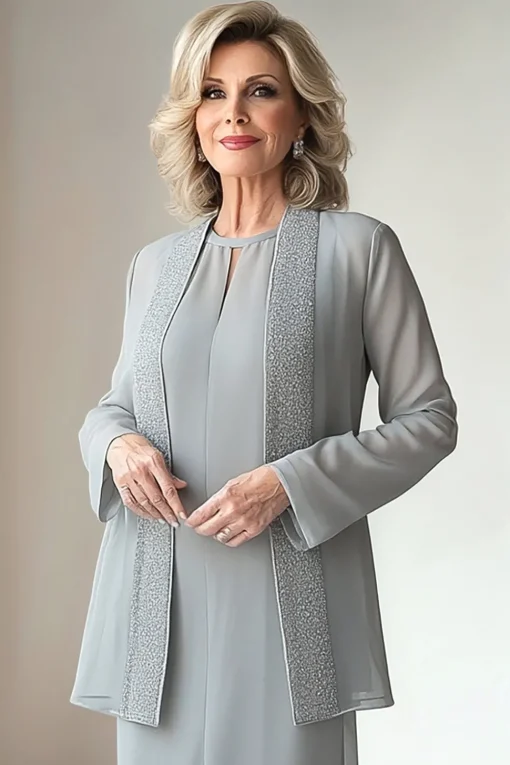 Light Grey Sheath Round Neck 2 Piece Mother of The Bride Dress