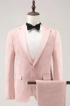 Light Pink 3 Piece Peak Lapel Jacquard One Button Men's Prom Suits