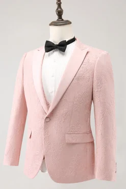 Light Pink 3 Piece Peak Lapel Jacquard One Button Men's Prom Suits