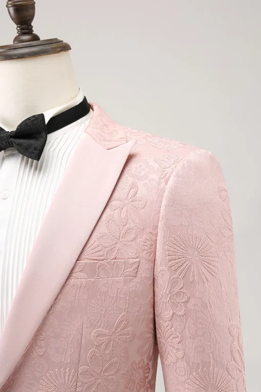 Light Pink 3 Piece Peak Lapel Jacquard One Button Men's Prom Suits