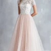 Light Pink A Line Lace Tulle Bridesmaid Dress With Short Sleeves