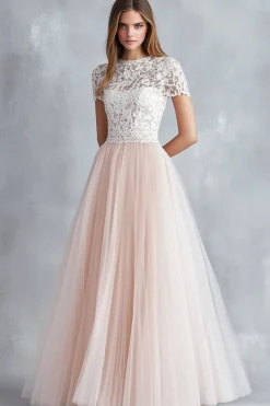 Light Pink A Line Lace Tulle Bridesmaid Dress With Short Sleeves