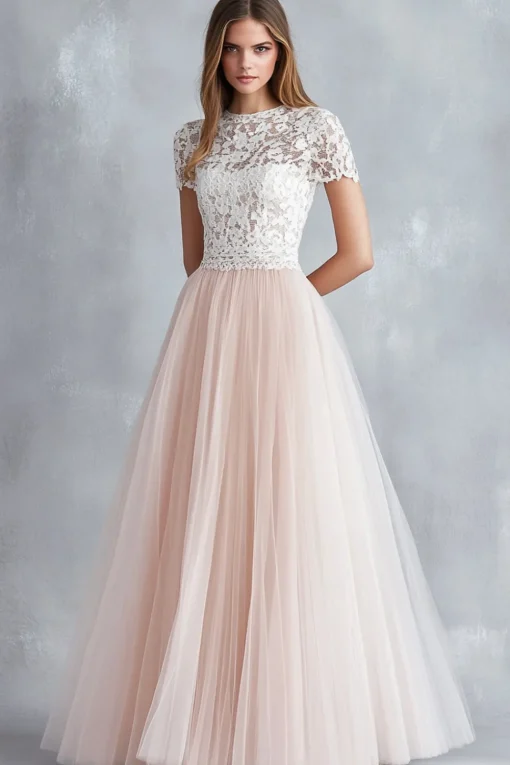 Light Pink A Line Lace Tulle Bridesmaid Dress With Short Sleeves