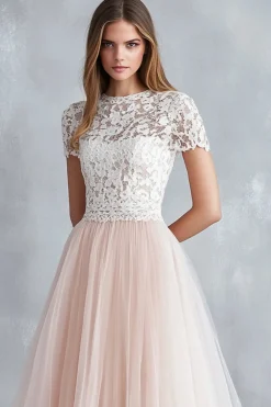 Light Pink A Line Lace Tulle Bridesmaid Dress With Short Sleeves