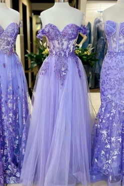 Light Purple Corset Tulle A Line Appliques Prom Dress