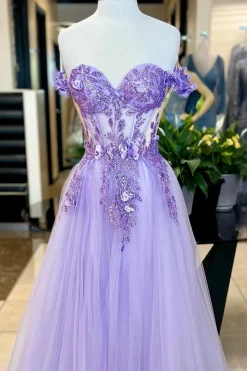 Light Purple Corset Tulle A Line Appliques Prom Dress
