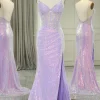Light Purple Mermaid Spaghetti Straps Corset Long Sequin Prom Dress with Slit
