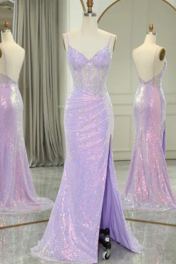 Light Purple Mermaid Spaghetti Straps Corset Long Sequin Prom Dress with Slit