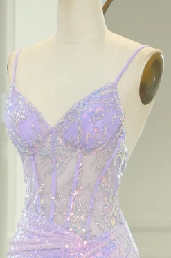 Light Purple Mermaid Spaghetti Straps Corset Long Sequin Prom Dress with Slit