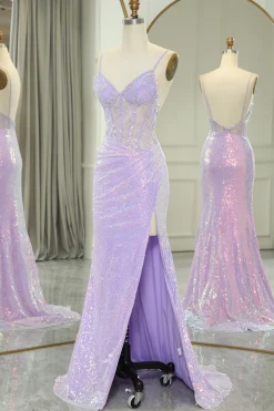 Light Purple Mermaid Spaghetti Straps Corset Long Sequin Prom Dress with Slit