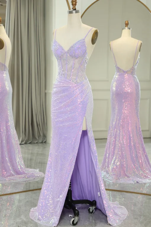 Light Purple Mermaid Spaghetti Straps Corset Long Sequin Prom Dress with Slit