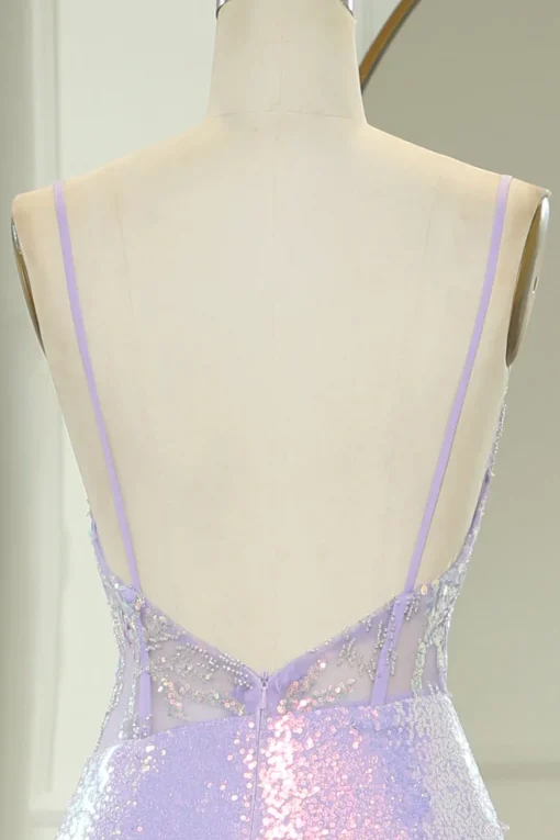 Light Purple Mermaid Spaghetti Straps Corset Long Sequin Prom Dress with Slit