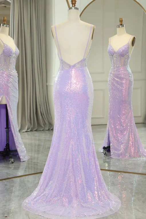 Light Purple Mermaid Spaghetti Straps Corset Long Sequin Prom Dress with Slit