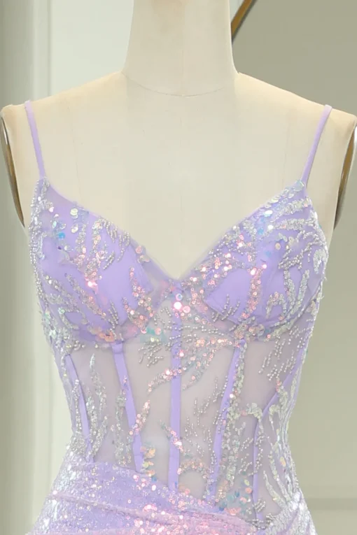 Light Purple Mermaid Spaghetti Straps Corset Long Sequin Prom Dress with Slit
